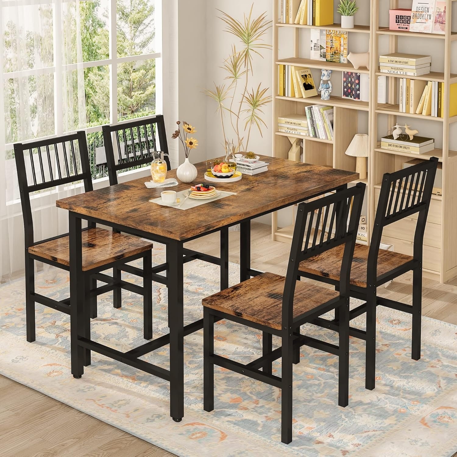 43.3 Inch Industrial Dining Table Set with 4 Curved Chairs for Small Spaces
