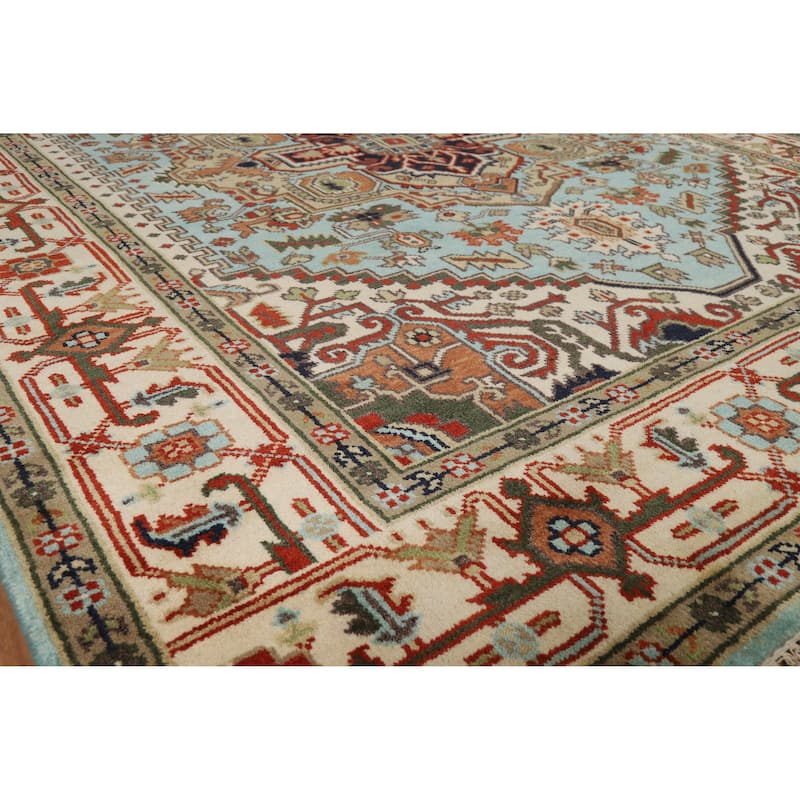 Light Blue Geometric Heriz Serapi Indian Rug Hand-Knotted Wool Carpet - 8'0" x 9'9" - 8'0" x 9'9" - Blue