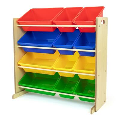 Tot Tutors Kids Toy Storage Organizer with 12 Plastic Bins, Natural Frame & Primary Bins