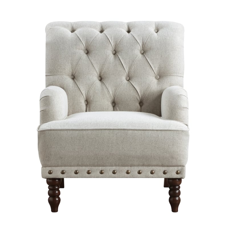 Zeya Accent Armchair, Button Tufted Beige Textured Polyester, Brown