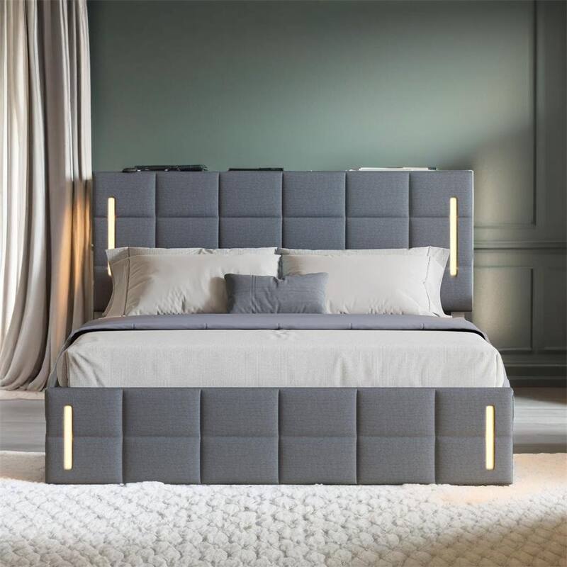 Queen Size Upholstered Bed with Hydraulic Storage System and LED Light