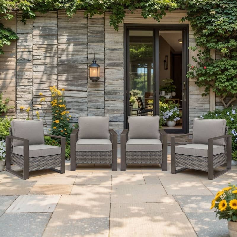 Pocassy Outdoor Patio Chairs Set for Garden Yards - 4 Pieces Patio Chairs - Grey Wicker Gray Cushion