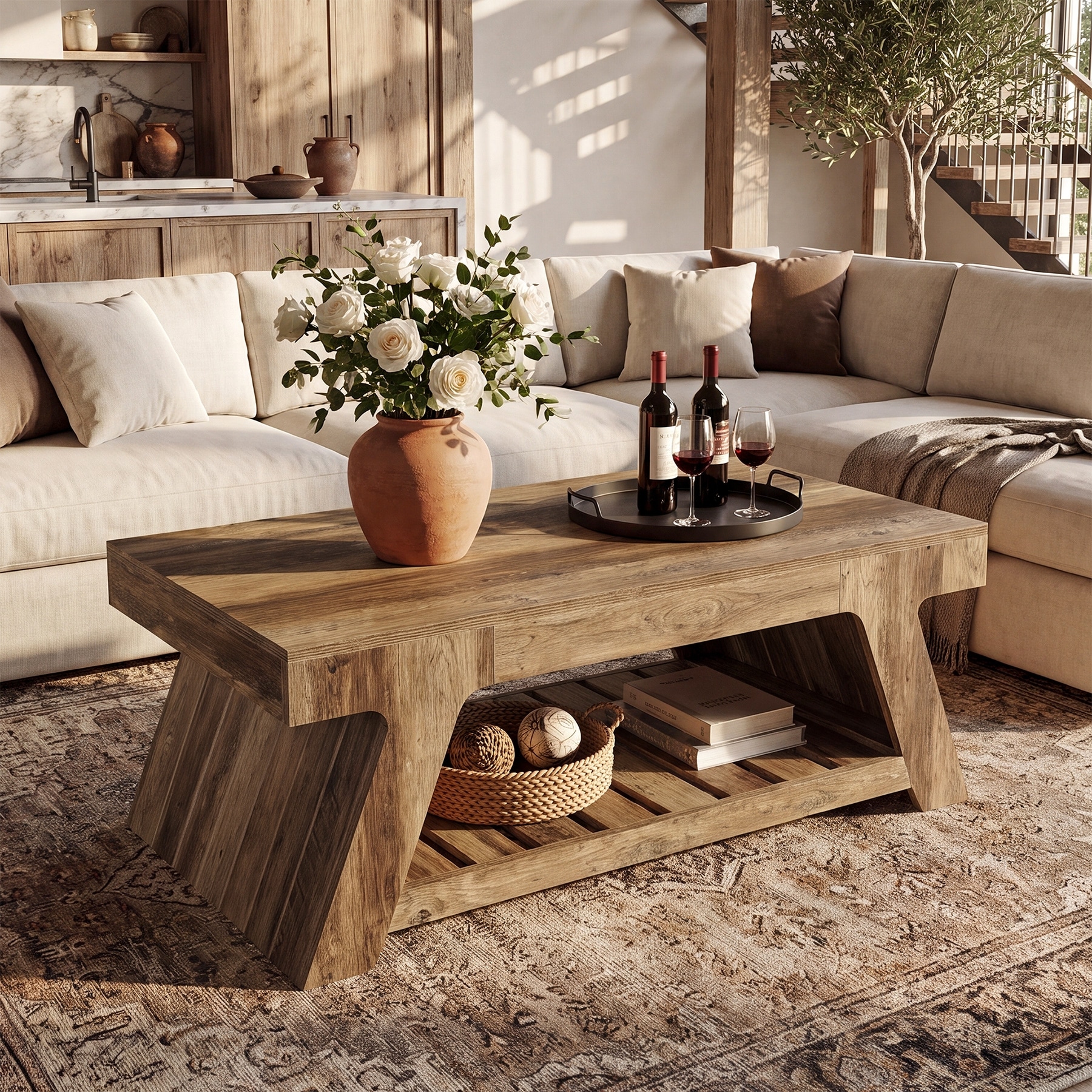 47" Coffee Table with Storage Shelf, 2-Tier Cocktail Table, Rectangular Center Table for living room