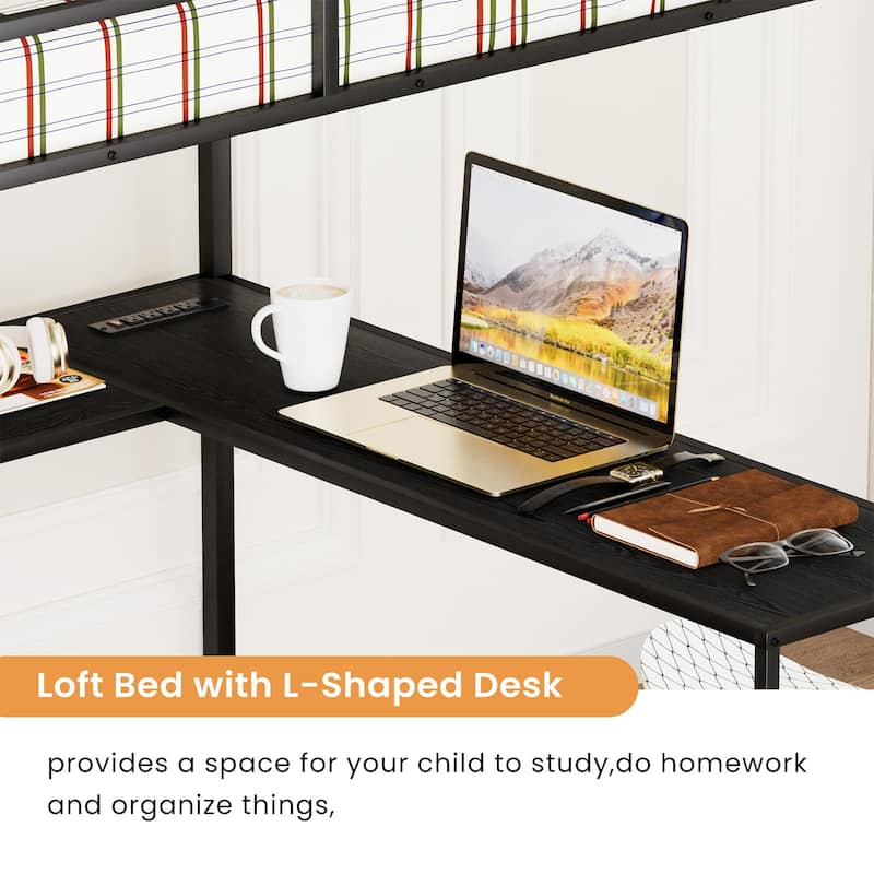 Full Size Metal Loft Bed with L-Shaped Desk, RGB LED Lighting, USB Charging Station, Wardrobe Cabinet, Drawers, Ladder