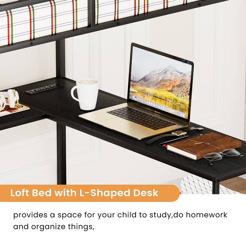 Metal Full Size Loft Bed with L Shaped Desk, LED Gaming Loft Bed Frame, Iron High Loftbed Frame with Charging Cradle and Storage