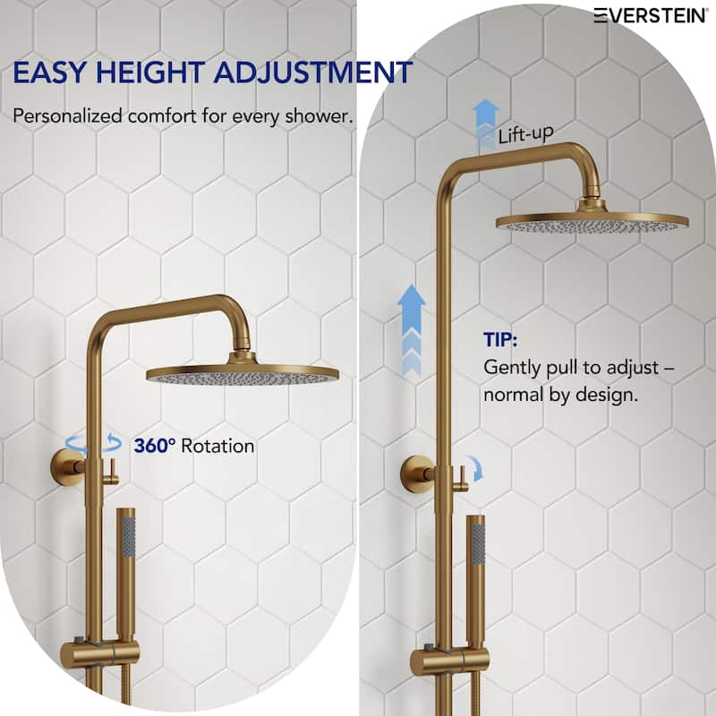 Height Adjustable Thermostatic Shower System with Tub Spout, 10" Rain Shower Head, Hand Shower, Brass Valve