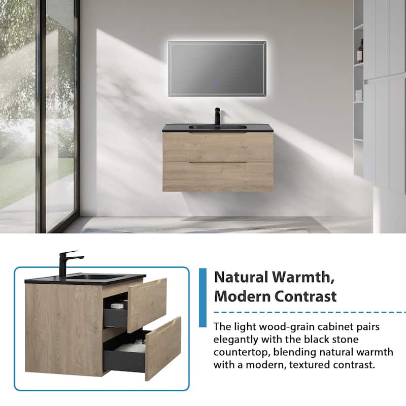 RupheonD 24"-48" Floating Bath Vanity in Evita Oak with Black Quartz Top