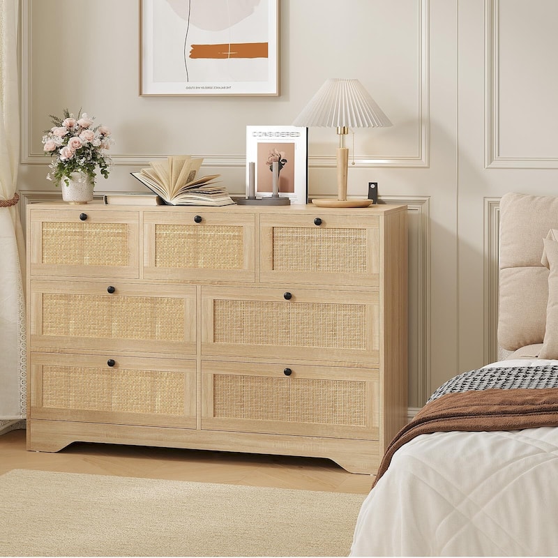Rattan 7 Drawer Dresser for Bedroom, Farmhouse Modern Dressers & Chests
