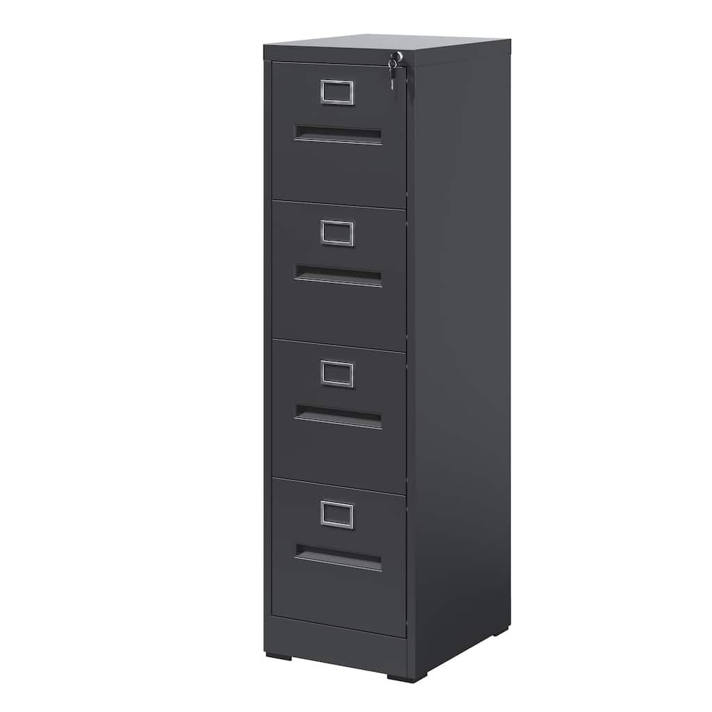 Modern Narrow Vertical File Cabinet, 4 Drawers Filing Cabinet with Lock, for Office and Home Use, Black