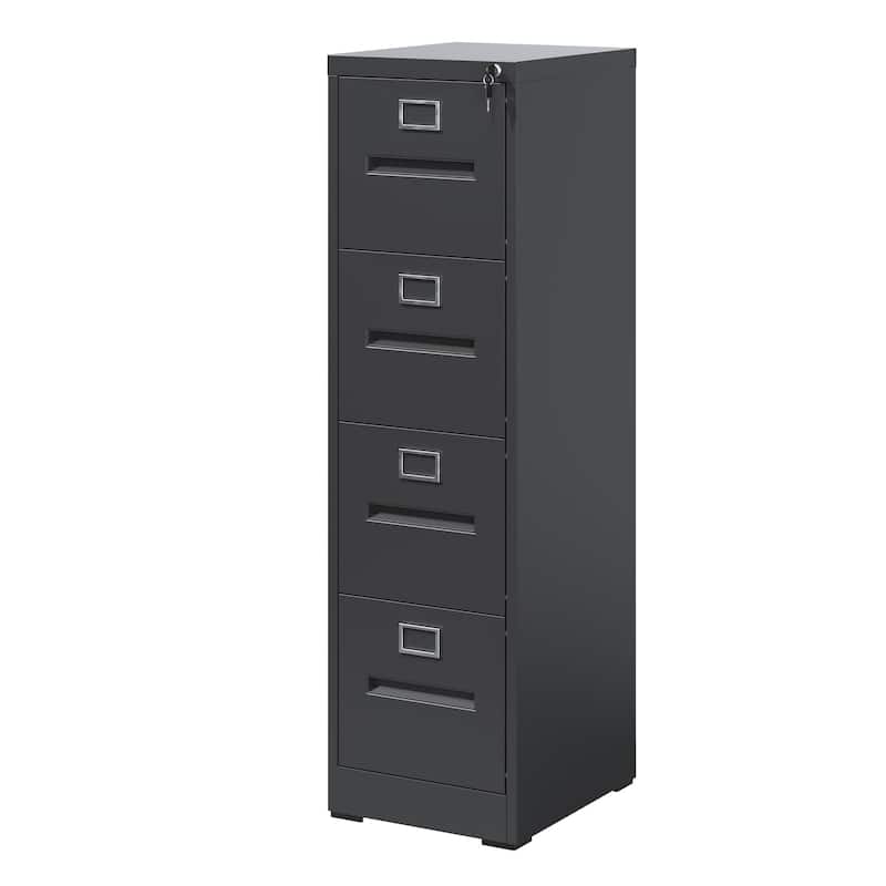 Modern Narrow Vertical File Cabinet, 4 Drawers Filing Cabinet with Lock, for Office and Home Use, Black - Black