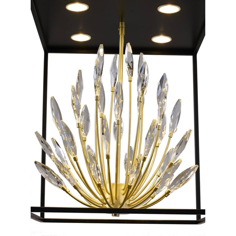 4-Light Matte Black Pendant With Gold Branches And Clear Crystals