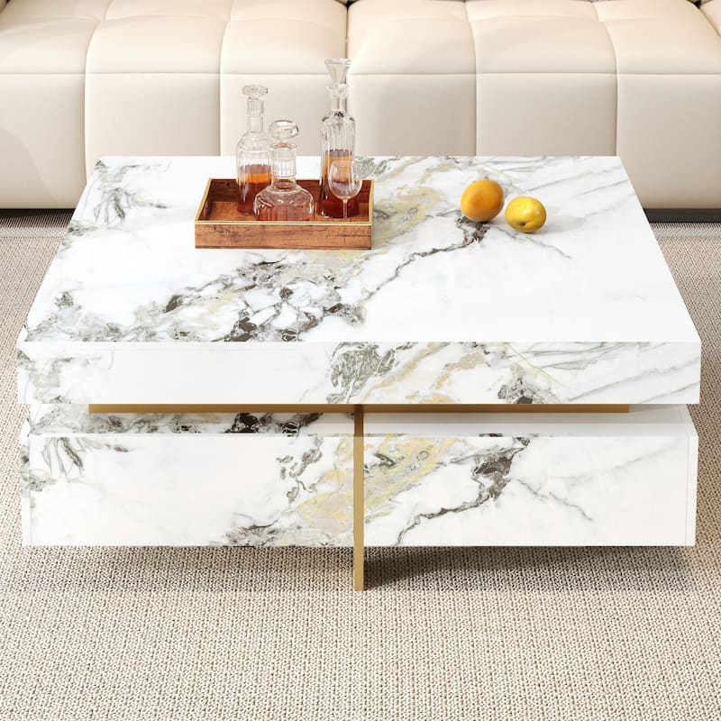 43.3" Modern Square Marble Textured Coffee table with 4 Drawers and Suspended Base, White