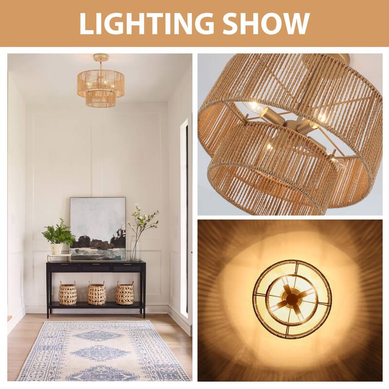 Starsky 4-Light 2-Tier Rattan Semi Flush Mount Ceiling Light