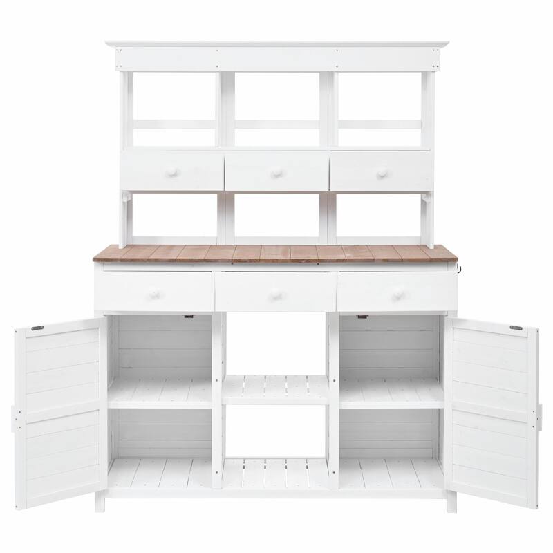 65.7'' Tall Garden Potting Bench - Patio Workstation with Hutch, 3 Shelves, 6 Drawers, 2 Cabinets & Side Hooks
