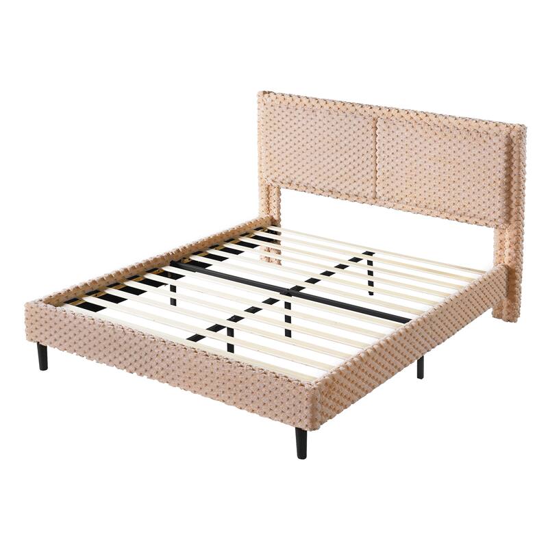 Simple Modern Fabric Platform Bed White Plush Soft Bed with Backrest, Bedroom Upholstered Bed with Metal Brackets