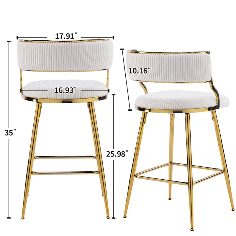 Modern Velvet Bar Stool Set of 2 with Gold Steel Frame and Ergonomic Backrest for Indoor Seating