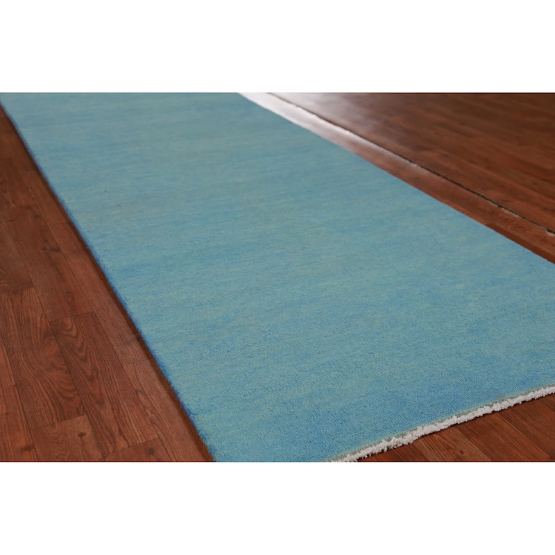 Hand Knotted Oriental 100% Wool Carpet Modern Solid Navy Blue & Blues Gabbeh Runner Rug - 9' 3'' X 3' 0''