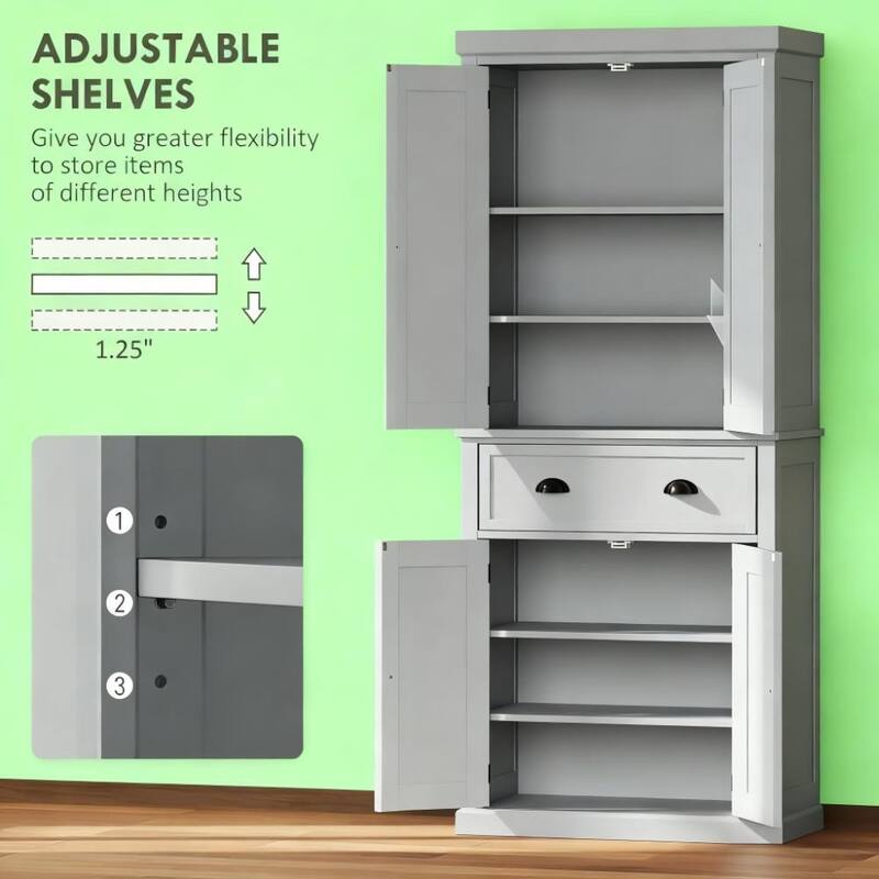 72.5 Inch Tall Freestanding Pantry Cabinet with Adjustable Shelves and Drawer for Kitchen Storage