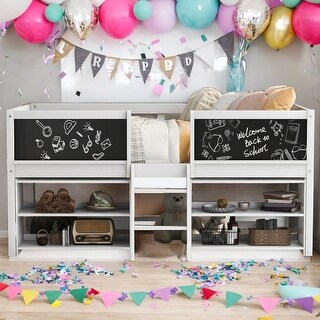 Modern Twin Size Low Loft Bed With Two Movable Shelves And Ladder,With Decorative Guardrail Chalkboard