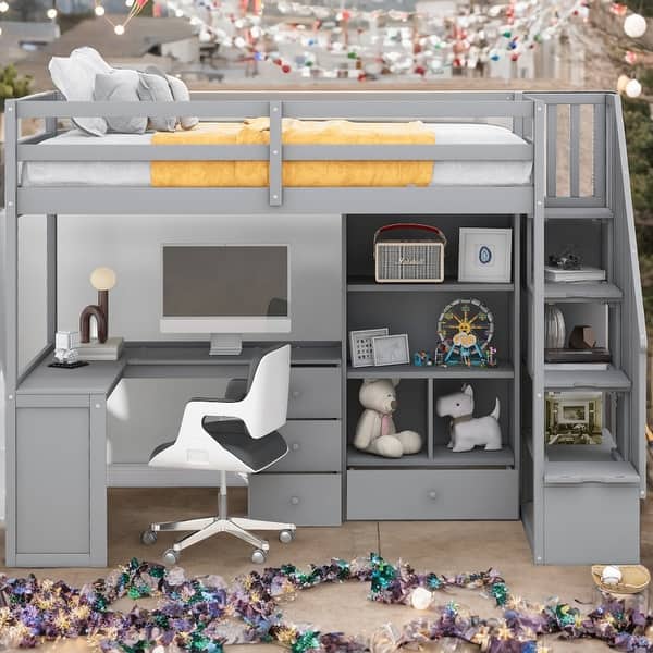 slide 2 of 17, Twin Size Loft Bed With L-Shaped Desk,Drawers,Cabinet Grey