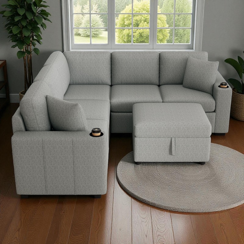 84.7" Modular Sectional Sofa Convertible Pull-Out Bed U-Shape L-Shape Couch with Storage Ottoman USB Ports Cup Holders - Grey