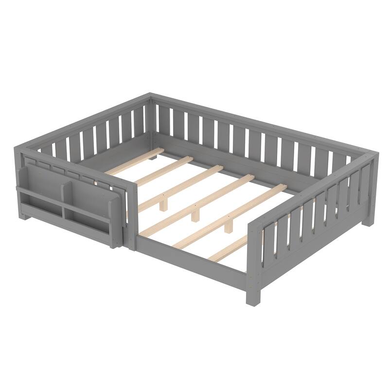 Montessori Floor Bed Low Profile Kids Bed with Rails & Bookshelf