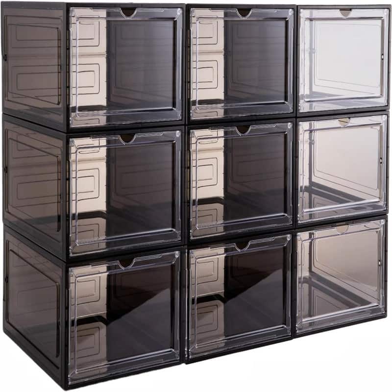 Plastic Shoe Box with Clear Door - Clear Black 9-pack-XL - 13.6"L x 10.63"W x 7.48"H