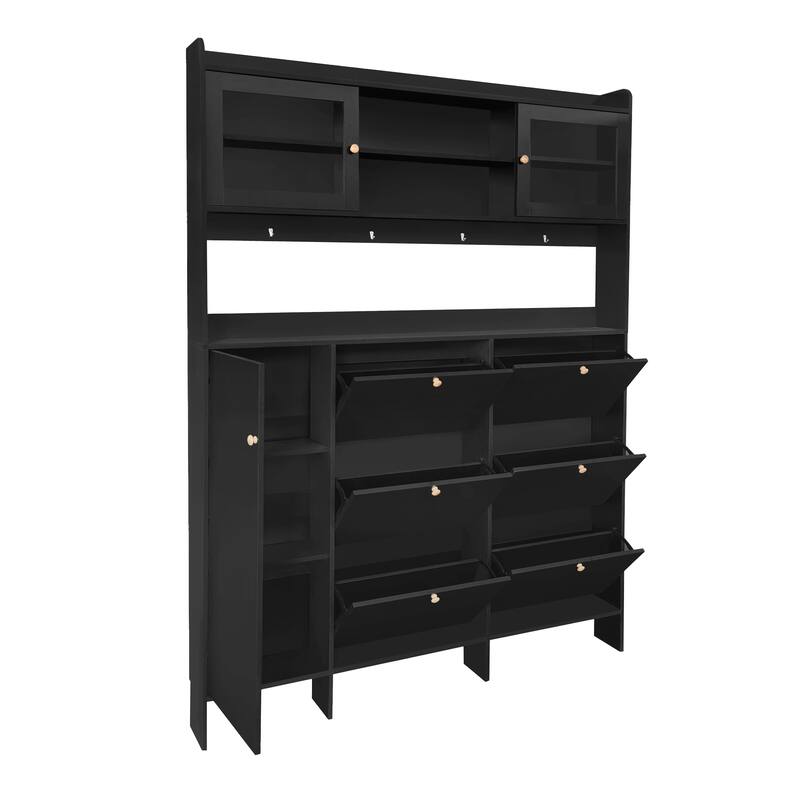 Sophisticated Shoe Cabinet with 6 Flip Drawers, 4 Hooks, Glass Doors