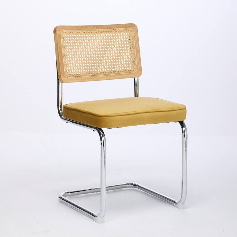 Mid Century Modern Dining Chairs Set of 2, Natural Cane Back & Stainless Chrome Base, Upholstered Rattan Kitchen Chairs