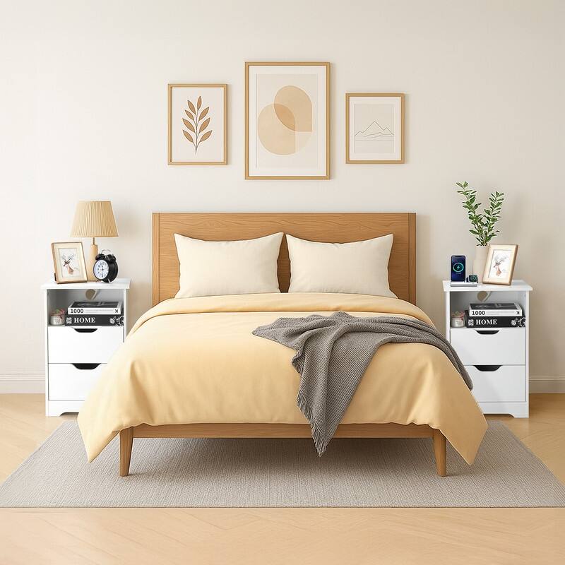 15.7"W Nightstand, P2 Particleboard, Matte Melamine, Handleless, 2 Drawers, US Outlet