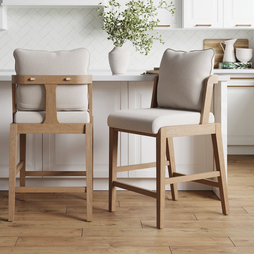 Chuck Scandinavian Upholstered Bar Stool with Curved Back with Cushion, Solid Wood Legs and Flax Upholstery