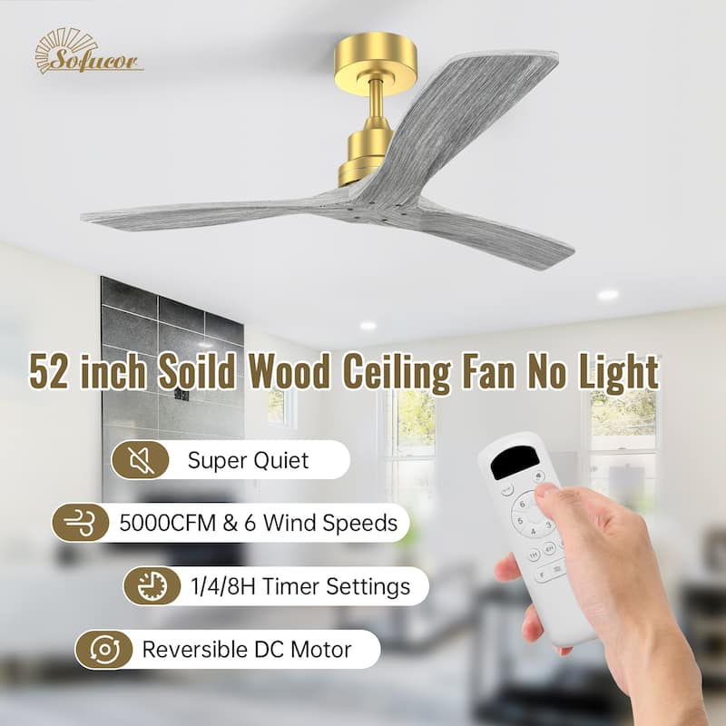 Sofucor 48/52 Inch Ceiling Fan with Light, Solid Wood Blades for Living Room, Bedroom,Smart Optional