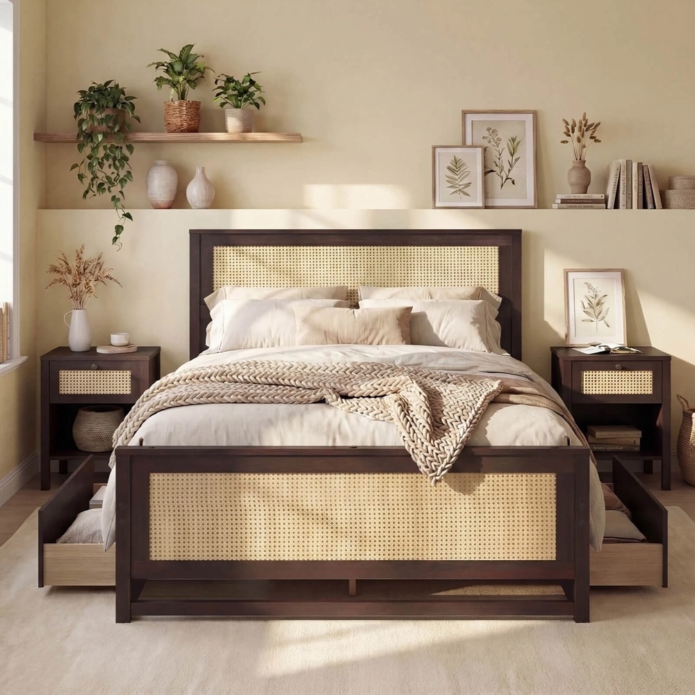 Full Rattan Bed Frame Headboard 2 Storage Drawers & Space Rustic Brown