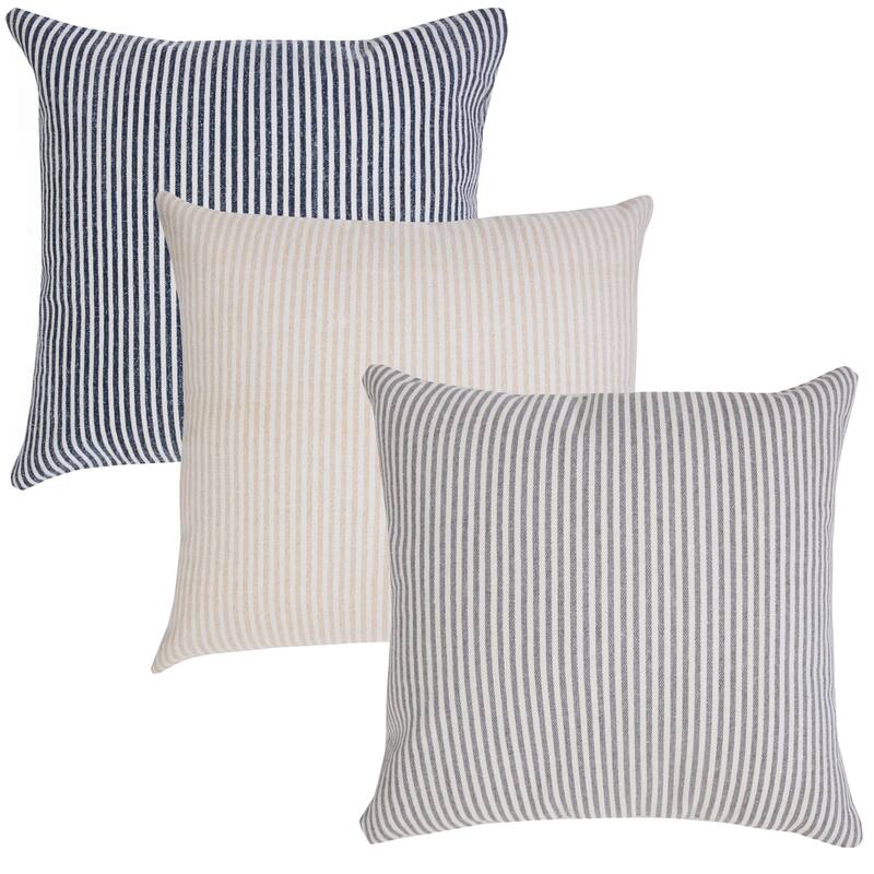 20" Beige and White Hand Woven Stonewash Striped Square Throw Pillow
