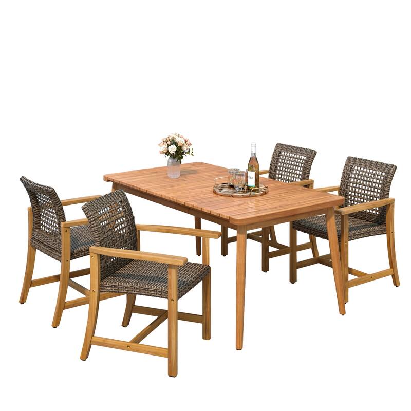 Roomfitters 5-Piece Outdoor Dining Set, Acacia Wood Patio Table and 4 Wicker Armchairs for Garden Deck Poolside, Brown