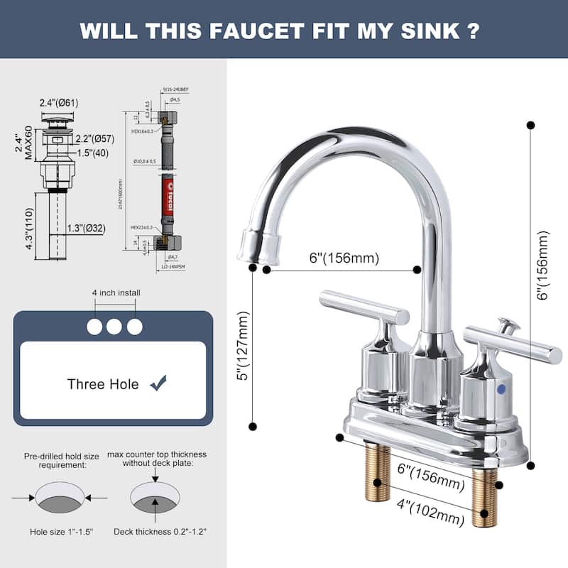 WOWOW 4 in. Centerset Double Handle Bathroom Faucet with Drain Kit Included