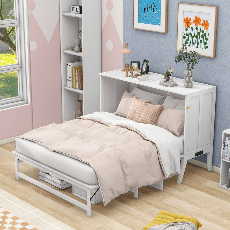 Roomfitters Queen Size Murphy Bed with Built-in Charging Station and Display Shelf, Space-Saving Wall Bed for Bedroom, White - White
