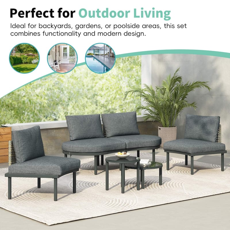 6/8-Piece Half Moon PE Wicker Patio Sectional Set with Dual Coffee Tables