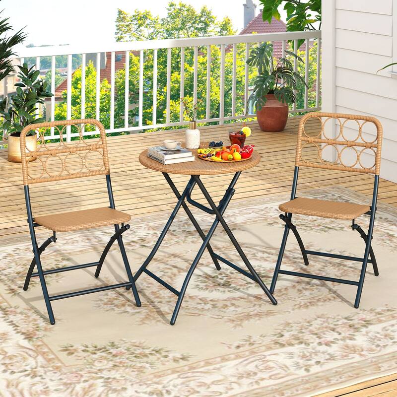 3-Piece Light Brown Wicker Patio Bistro Set with Folding Table and Chairs for Outdoor Dining - Table: 24"Dia x 28"H