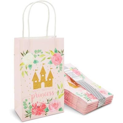 Blue Panda Pink Princess Castle Paper Birthday Party Gift Bags (9 x 5.3 In, 24 Piece)