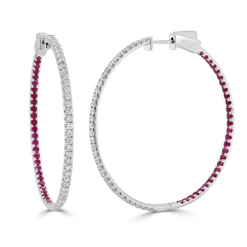 Joelle Collection Ruby & Diamond Hoop Earrings 14K Gold 1.75 inches - White