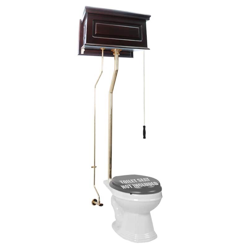 High Tank Toilet - Dark Oak Wooden Raised Tank, Elongated White Bowl and Brass L Pipes Renovators Supply