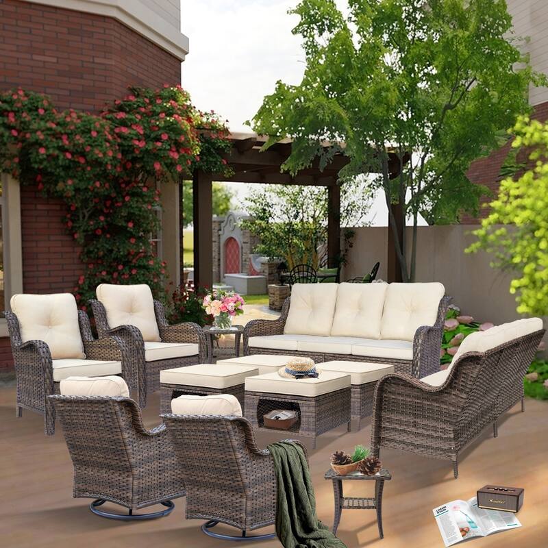 Patio Conversation Sets-Wicker Patio Furniture Sets with Swivel Chairs - 12 Piece - Cream
