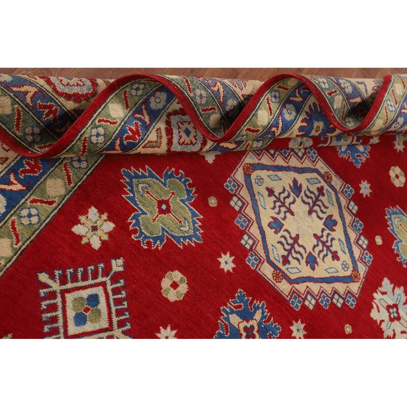 Geometric Red Kazak Oriental Area Rug Living Room Handmade Wool Carpet - 6'7" x 9'10"