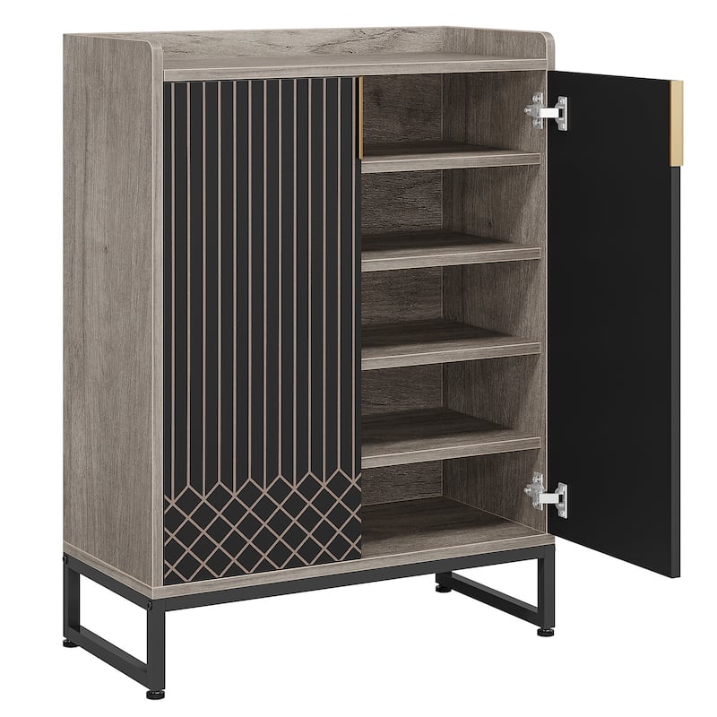 29" Grey & Black Shoe Cabinet with Doors, 5 Tiers