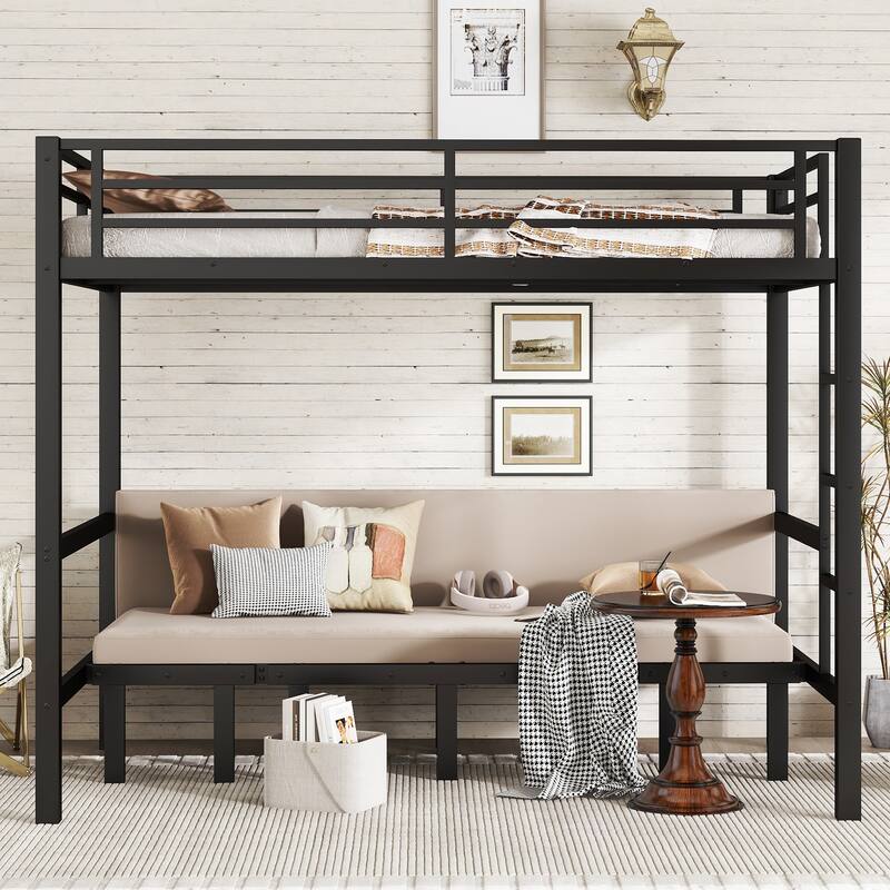 Heavy Duty Metal Bunk Bed, Lower Bunk Can Be Pulled Out In 3 Sections, High Loft Bed and Pull Out Sofa Or Bed - Black - Full