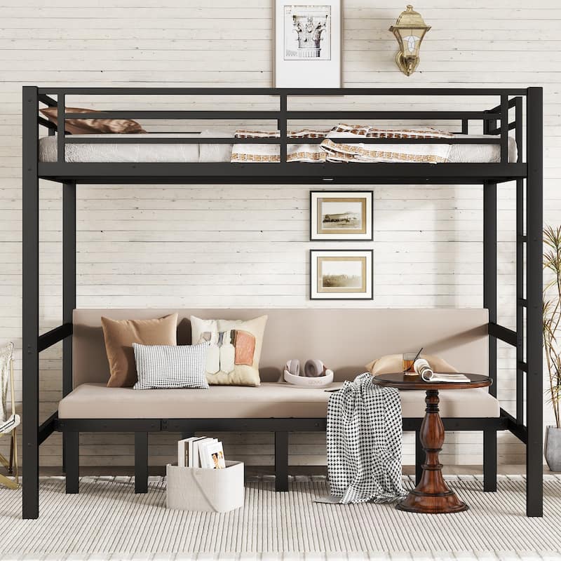 Roomfitters Full/Queen Metal Pull-Out Bunk Bed with 3-Section Expandable Lower Bunk & Safety Rails, Space-Saving Frame, Black