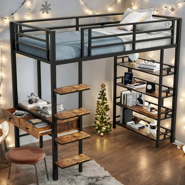 slide 2 of 11, 3 in 1 Design Black Metal Twin Size Loft bed with Desk and Shelves Black
