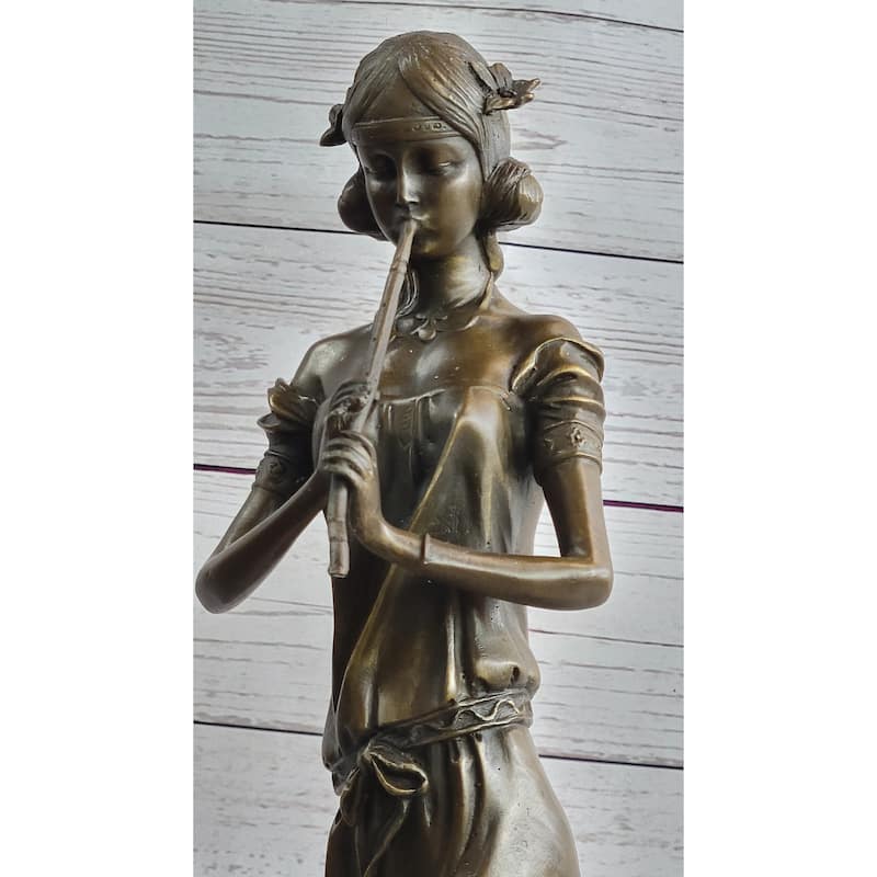 Girl Playing The Flute Female Musician Bronze Sculpture Statue Figure On Marble Base