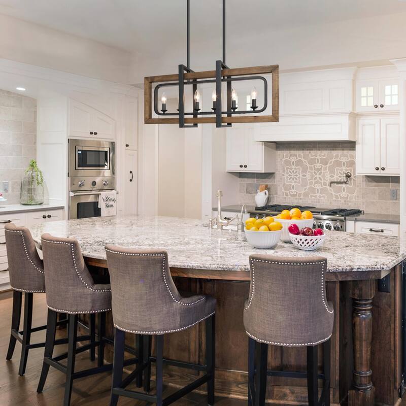 Farmhouse 6-Light Wood Rectangle Chandelier Island Lights for Dining Kitchen Island